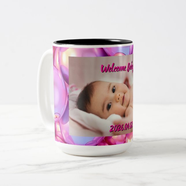 De Café Em Dois Tons Caneca Personalizada Bem-vindo Bebê com Foto e Tex (Frente Esquerda)