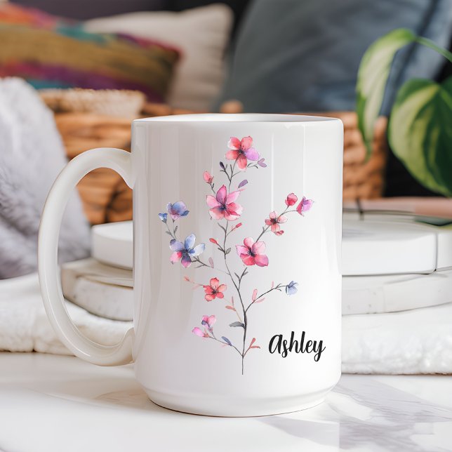 De Café Em Dois Tons Caneca Personalizada com Aquarela Floral para Mamã (watercolor floral mug, personalized mug, custom name mug, bridesmaid gift, bachelorette gift,)