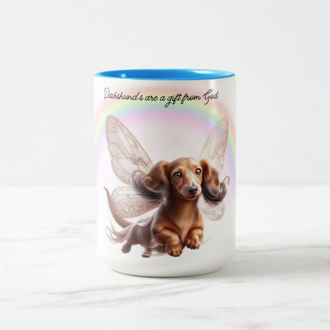 De Café Em Dois Tons Caneca Personalizada Dachshund Voador (Centro)