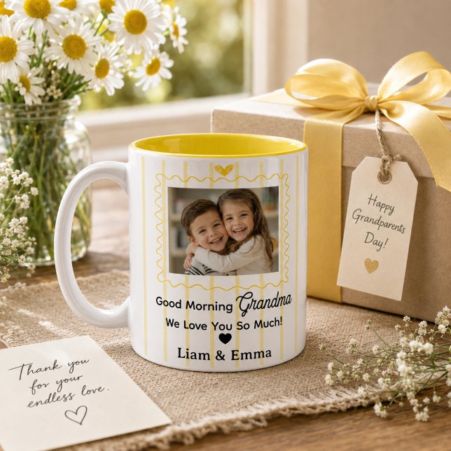 De Café Em Dois Tons Caneca Personalizada para Avó com Foto e Nomes dos (Criador carregado)