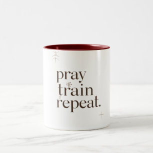 De Café Em Dois Tons Caneca Pray Train Repeat – Motivação Cristã para F