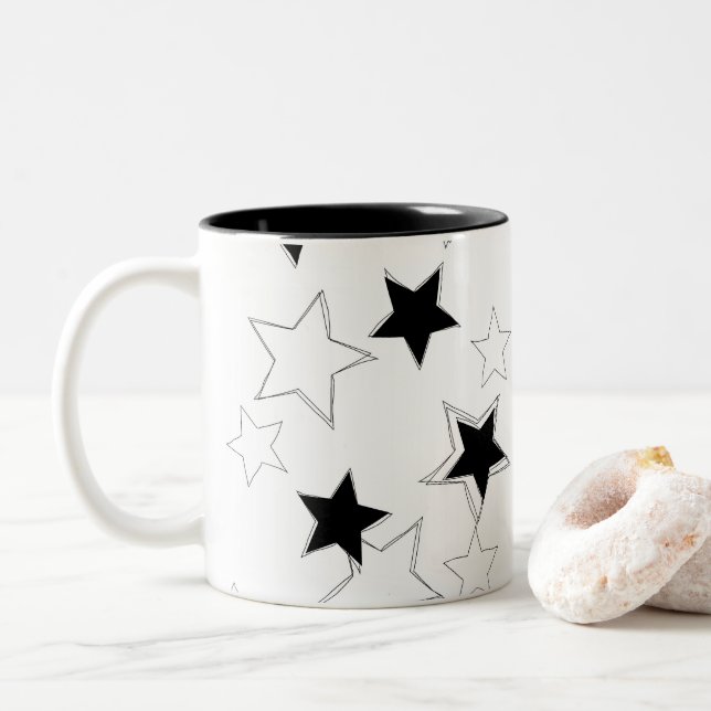 De Café Em Dois Tons Caneca Preto e Branco Estrelas (Com Donut)