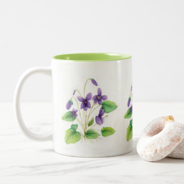 De Café Em Dois Tons Caneca selvagem das violetas da aguarela (Com Donut)