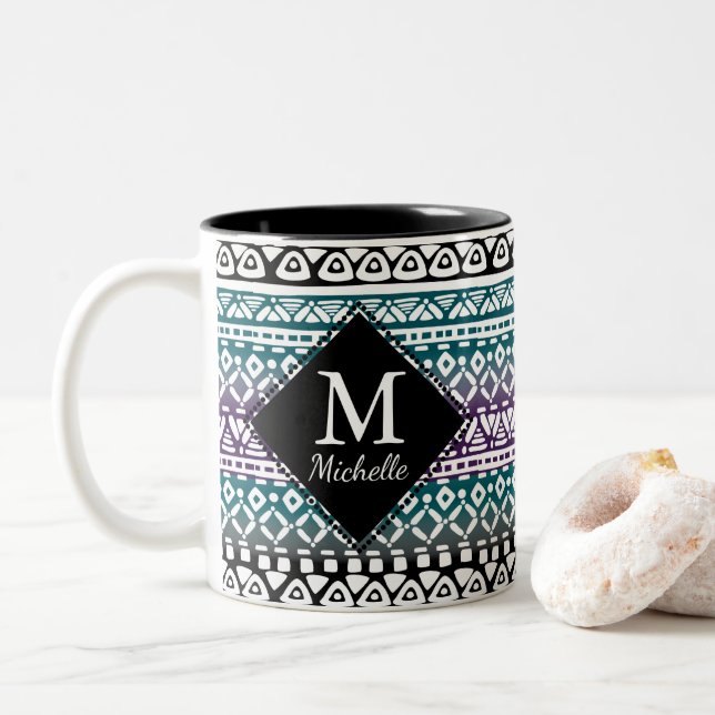 De Café Em Dois Tons Caneca tribal do monograma do impressão do (Com Donut)