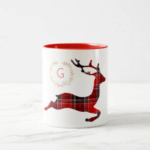 De Café Em Dois Tons Caneca vermelha do monograma da rena da xadrez