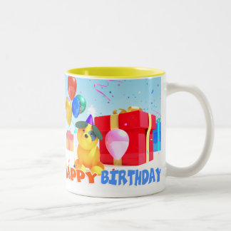 De Café Em Dois Tons Cão redondo "feliz aniversario!" caneca