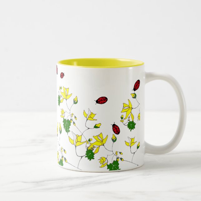 De Café Em Dois Tons Flores amarelas e caneca pequena dos joaninhas (Direita)