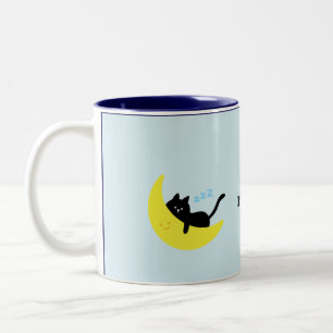 De Café Em Dois Tons Gato Preto Fofo Dormindo na Lua Caneca Azul Pastel