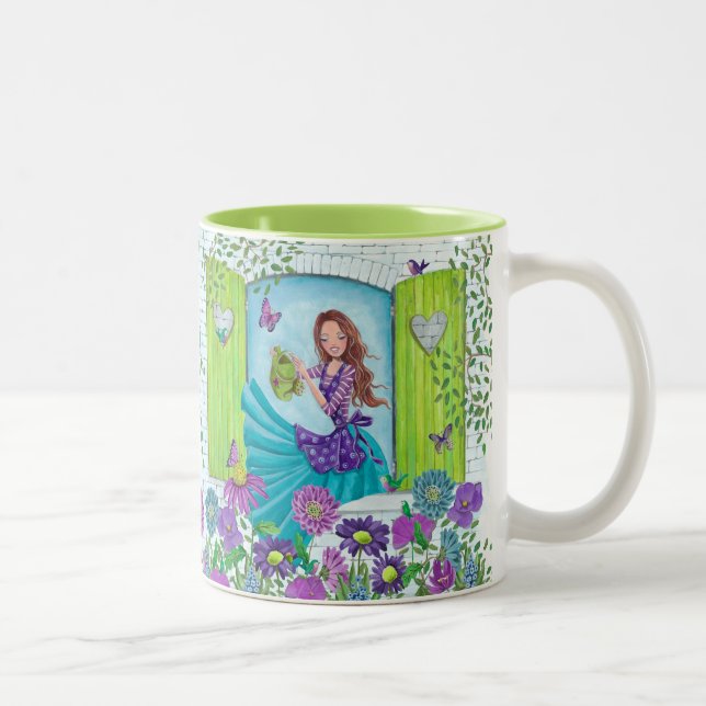 De Café Em Dois Tons Menina do Jardim Regando Flores | Caneca Bonita (Direita)