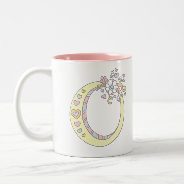 De Café Em Dois Tons Monograma - Letra O corações, flores, caneca (Esquerda)