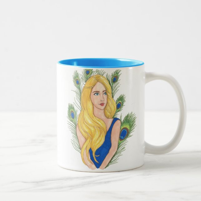 De Café Em Dois Tons O pavão empluma-se a caneca 11oz (branca/azul) (Direita)
