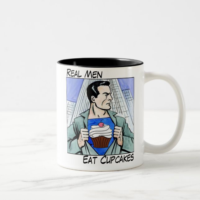 De Café Em Dois Tons Os homens reais comem a caneca dos cupcakes (Direita)