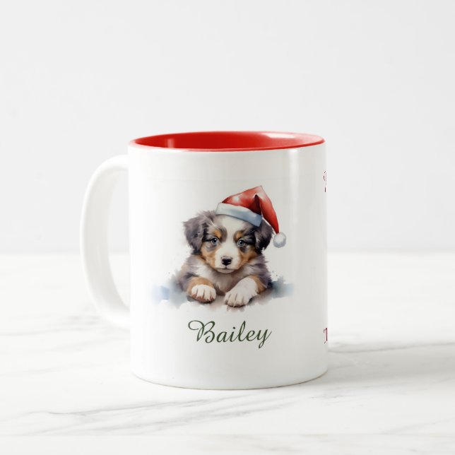 De Café Em Dois Tons Pastor australiano Aquarela Caneca Natal (Frente Esquerda)