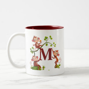 De Café Em Dois Tons Três Macacos Fofos e Caneca com Monograma Marrom