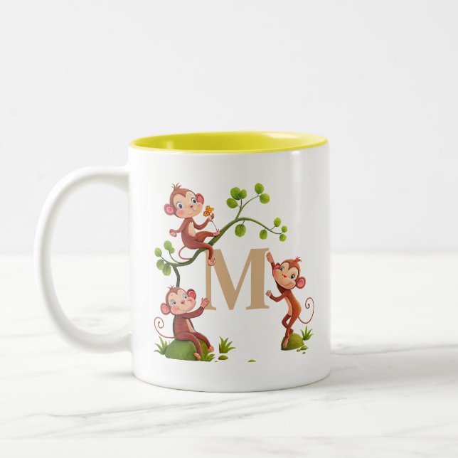 De Café Em Dois Tons Três Macacos Fofos e Caneca Monograma (Esquerda)