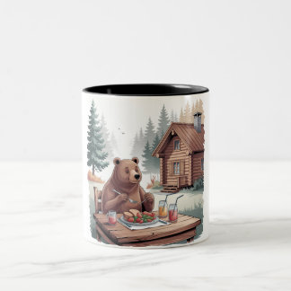 De Café Em Dois Tons Urso acampado e comendo caneca