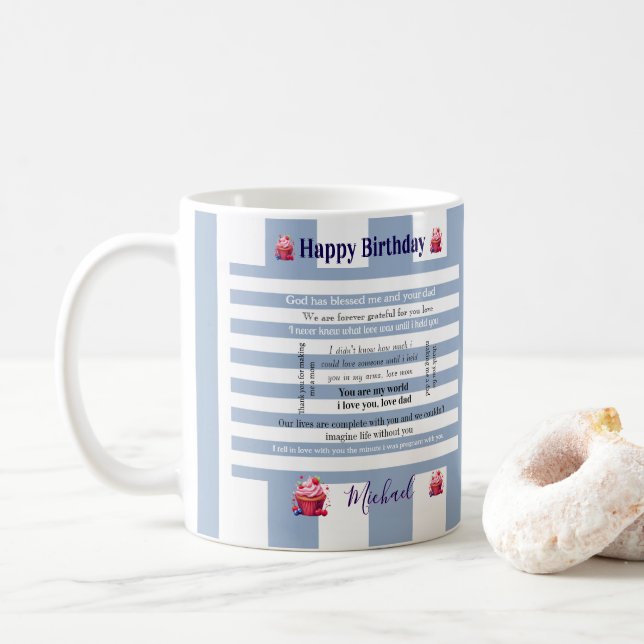 De Café Feliz Aniversário Caneca Listra Azul e Branco (Com Donut)