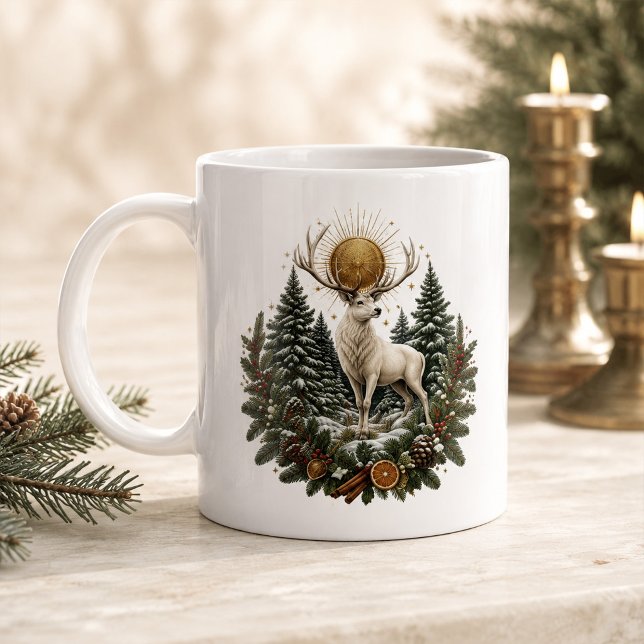 De Café Grande Caneca do Veado Branco do Yule ao Luar (Moonlit Yule White Stag Winter Solstice Mug)