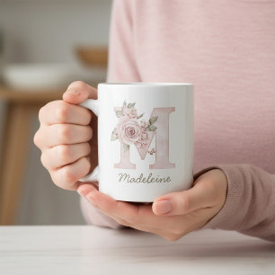 De Café Grande Caneca Feminina Monograma Floral Rosa - Letra M