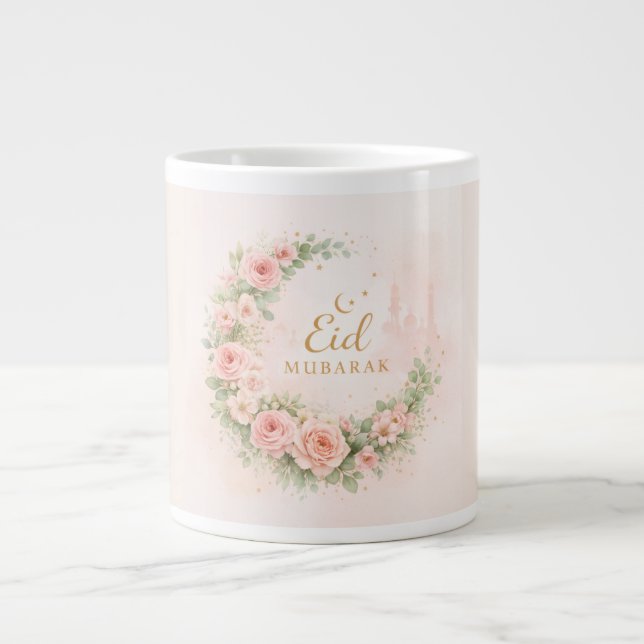 De Café Grande Caneca Floral Eid Mubarak – Presente Islâmico Rosa (Frente)
