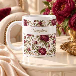 De Café Grande Caneca Personalizada com Nome e Peônia Floral Burg