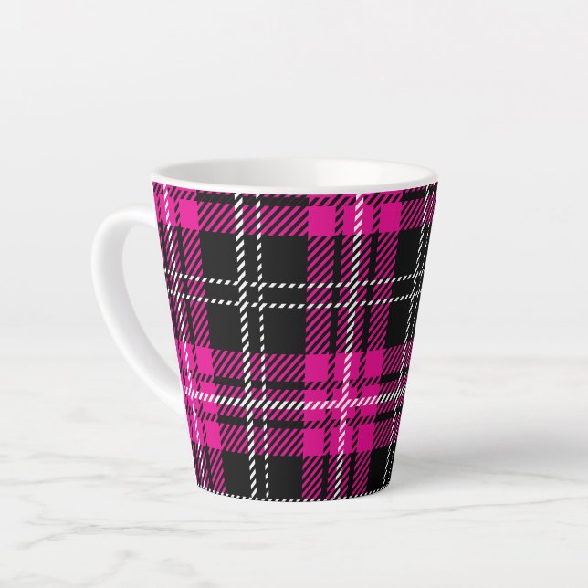 De Café Latte Caneca com Estampa Xadrez Rosa e Preto (Ângulo esquerdo)