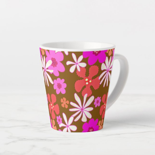 De Café Latte Caneca Ilustrada com Flores Rosa e Laranja Retrô (Ângulo direito)