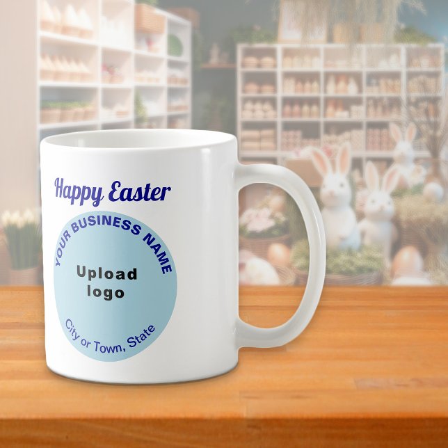 De Café Marca Comercial Light Blue | Páscoa | Caneca (Mug with Easter greeting and light blue round shape business brand)