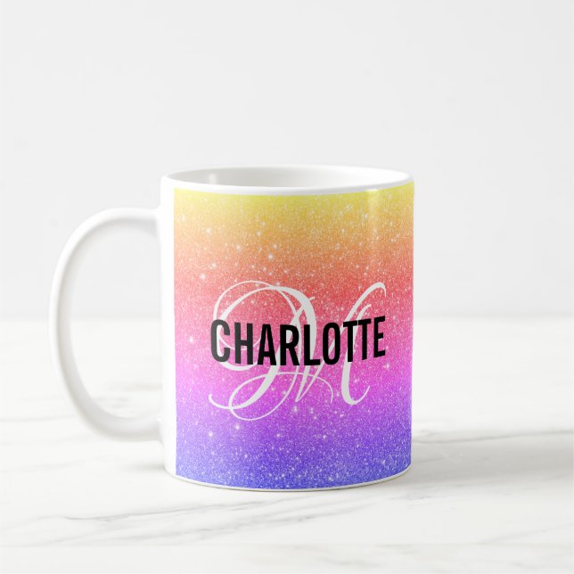 De Café Monograma com brilho do arco-íris, nome da caneca  (Esquerda)