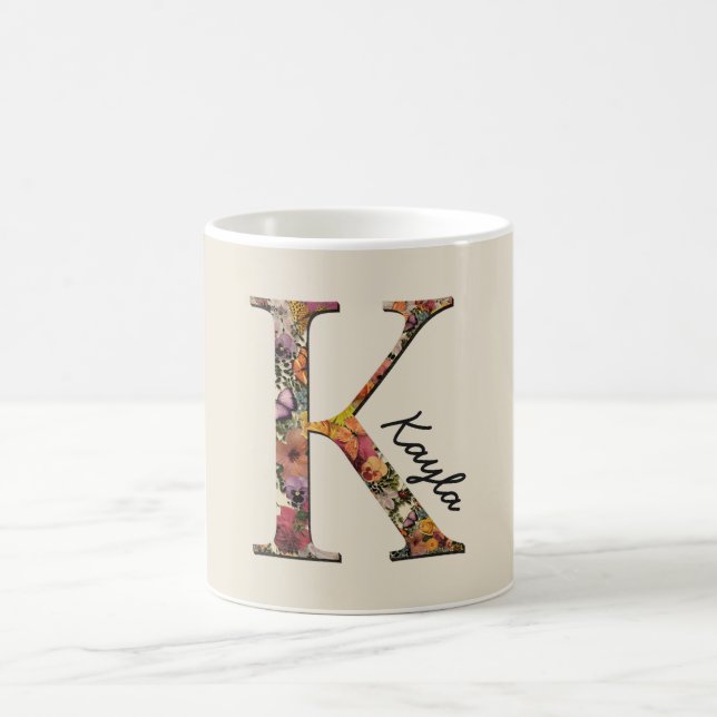 De Café Monograma K, letra floral K, caneca (Centro)