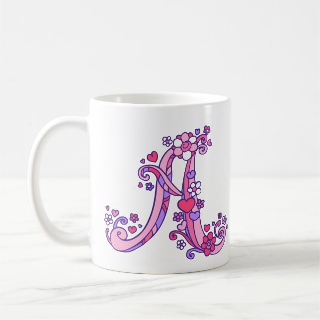 De Café Monograma Um coração e flores caneca roxa rosa (Esquerda)