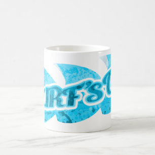 De Café O surf acima do azul brilhante acena a caneca dos