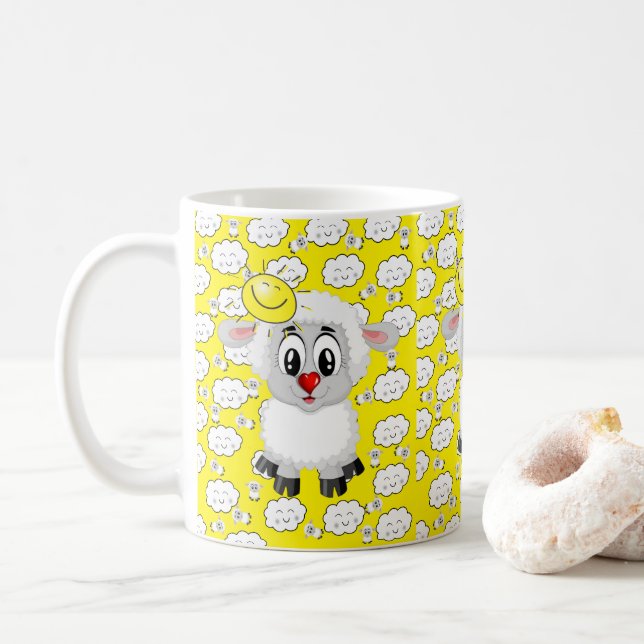 De Café Ovelhas Nuvens Sol Amarelo Caneca (Com Donut)