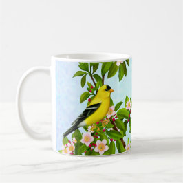 De Café Pássaro americano do Goldfinch na caneca da árvore