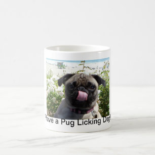 De Café Pug que lambe a caneca do dia