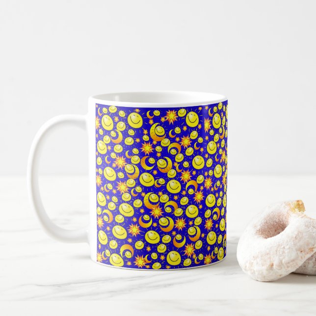 De Café Sol Lua Estrelas Amarelas, Caneca Azul (Com Donut)