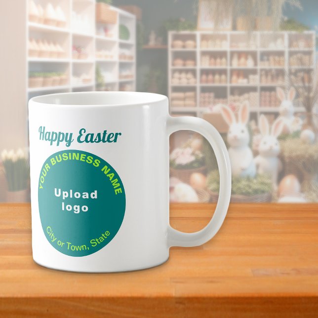 De Café Teal Green Business Marca | Páscoa | Caneca (Mug with Easter greeting and teal green round shape business brand)
