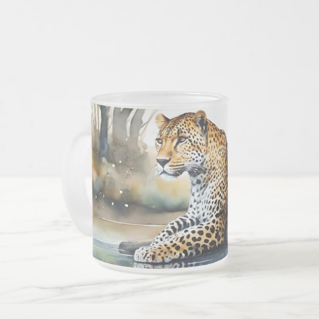 De Café Vidro Jateado Caneca Fosca com Leopardo Relaxando (Frente Esquerda)
