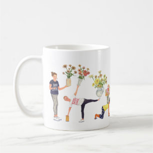 De Café yoga pintado à mão e zinnia se posam numa caneca