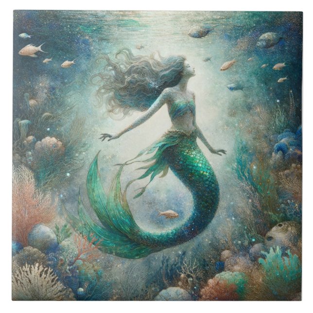 De Cerâmica A dança do oceano etéreo da Sereia - Azulejo decor (Frente)