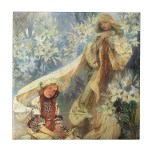 De Cerâmica Alphonse Mucha Madonna do azulejo dos lírios