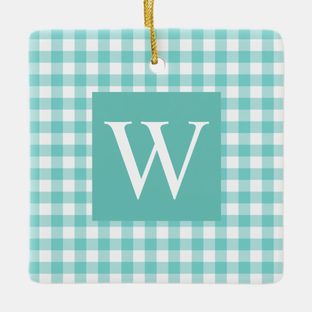 De Cerâmica Aqua Gingham Cheque Ornamento Cerâmico Inicial (Frente)