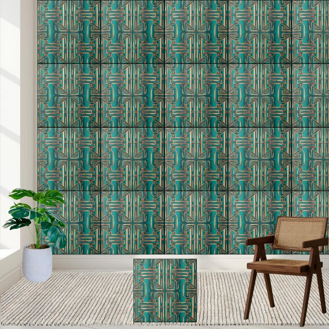 De Cerâmica Art Deco Azulejo geométrico em Teal e Dourado (Art Deco Geometric Tile in Teal and Gold)