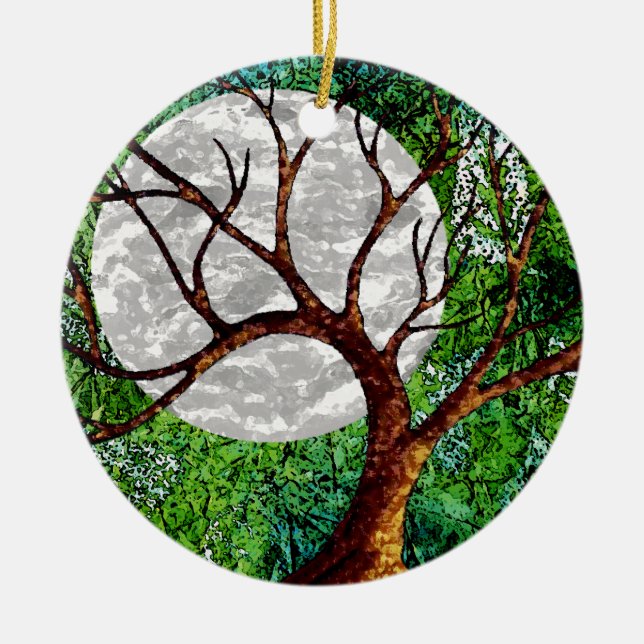 De Cerâmica Árvore e lua do inverno no ornamento verde (Frente)