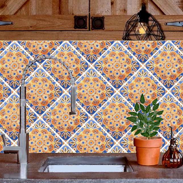 De Cerâmica Azul e laranja geométricos do Azulejo cerâmico (Orange and blue kitchen backsplash tile.)