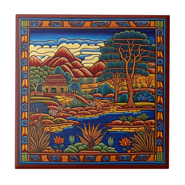 De Cerâmica Azulejo 7/12, estilo Huichol mexicano, paisagem ce (Frente)