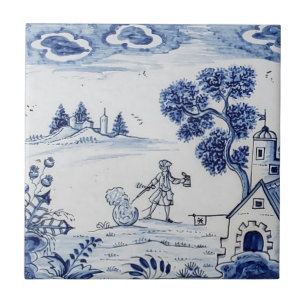 De Cerâmica Azulejo Antiquado - Cena Pastoral Azul e Branco-2