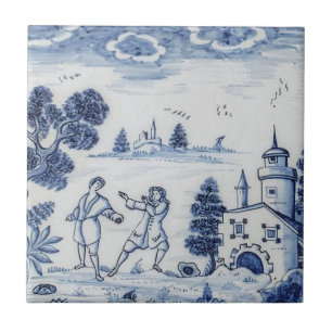 De Cerâmica Azulejo Antiquado - Cena Pastoral Azul e Branco-4