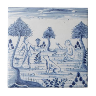 De Cerâmica Azulejo Antiquado - Cena Pastoral Azul e Branco-5