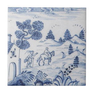 De Cerâmica Azulejo Antiquado - Cena Pastoral Azul e Branco-8
